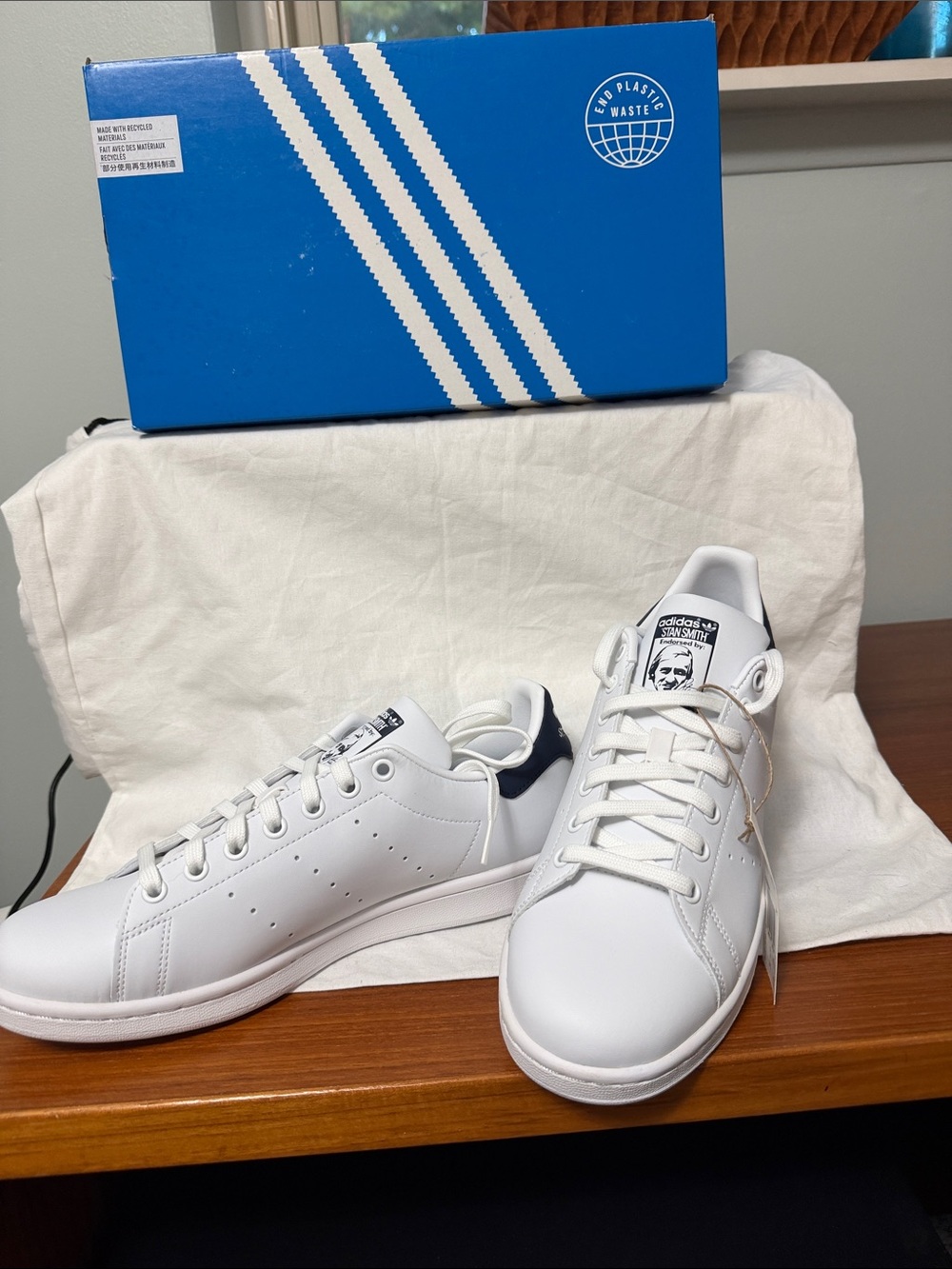 adidas Stan Smith White Leather Sneakers with Navy Heel Tab